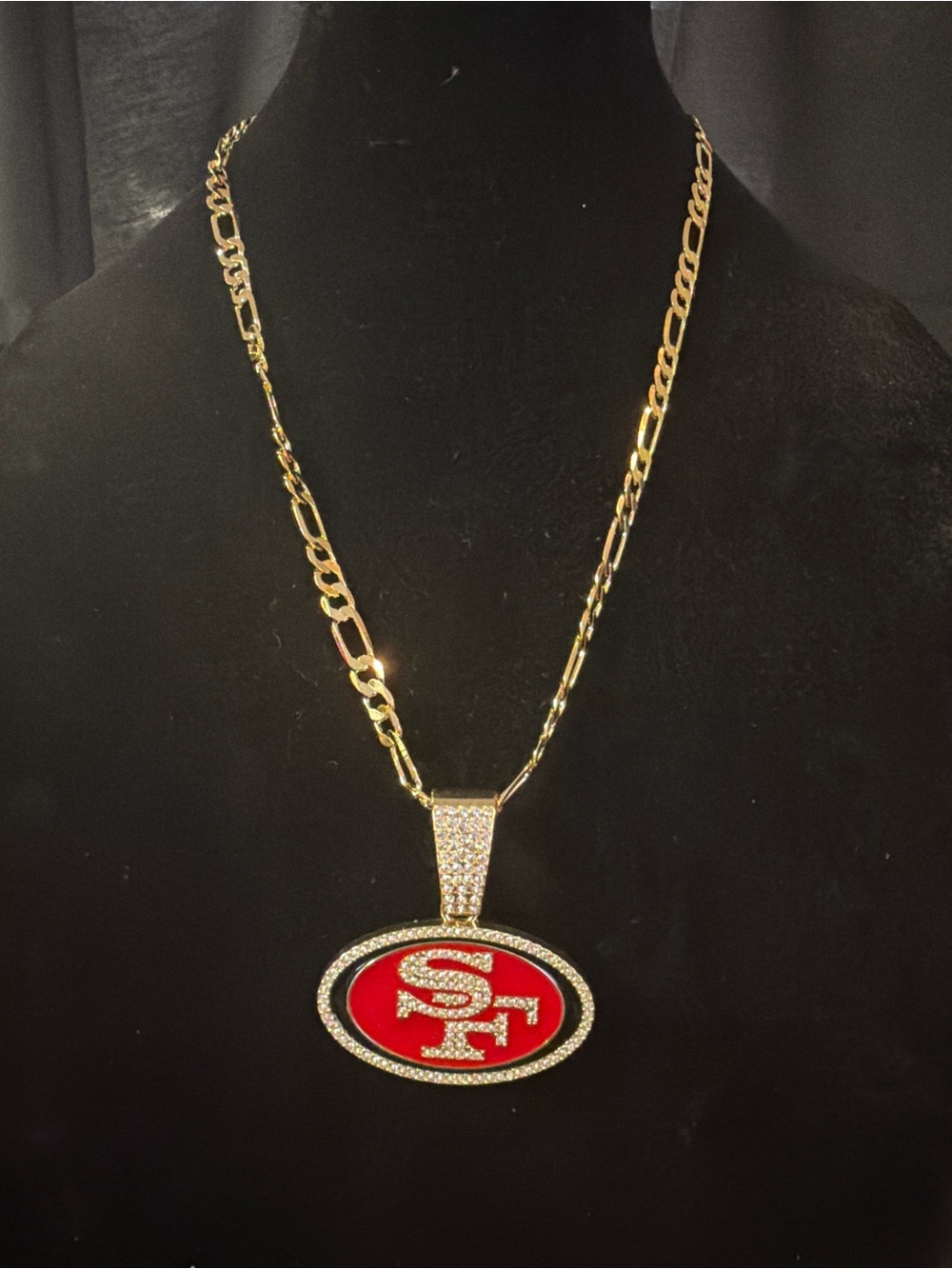 Gold-Tone Red Logo Pendant Necklace with Crystal Accents - Women Jewelry
